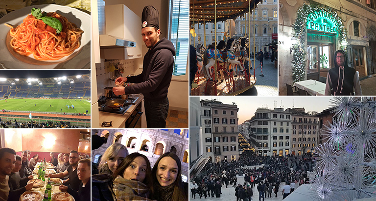 A collage of photos of our impressions from Rome: delicious food, impressive sights, smiles and the team spirit, captured by the camera